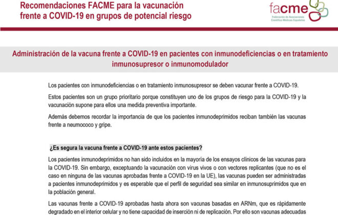 recomendaciones facme vacunacion covid pacientes inmunodeficientes